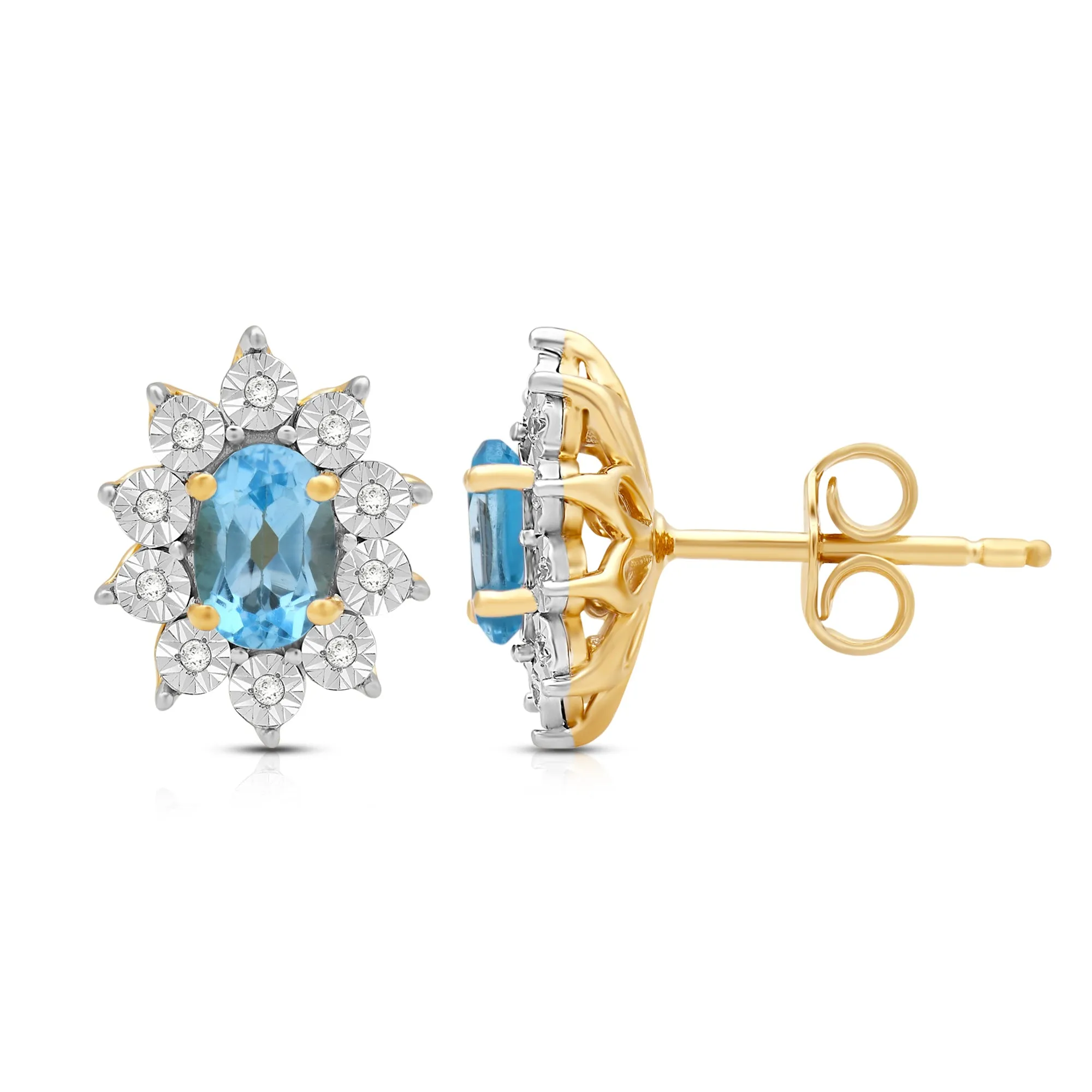 Jewelili 18K Yellow Gold over Sterling Sliver 6x4 MM Oval Created Aqua spinal and 1/20 Cttw Natural White Round Diamond Cluster Stud Earrings