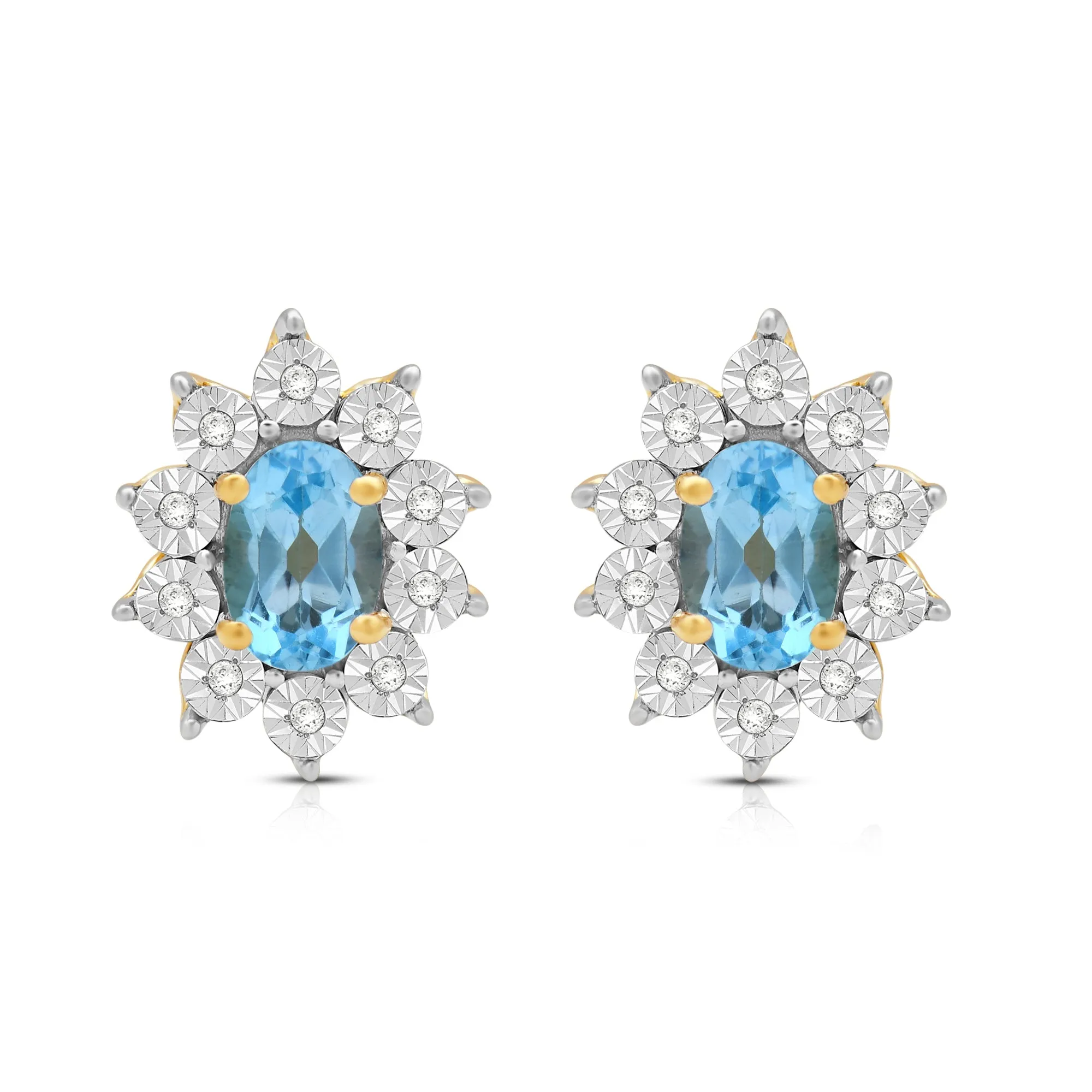 Jewelili 18K Yellow Gold over Sterling Sliver 6x4 MM Oval Created Aqua spinal and 1/20 Cttw Natural White Round Diamond Cluster Stud Earrings