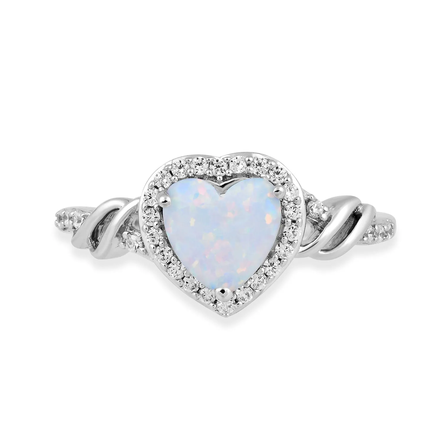 Jewelili Sterling Silver With Created Opal and Created White Sapphire Heart Promise Ring