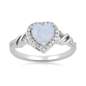 Jewelili Sterling Silver With Created Opal and Created White Sapphire Heart Promise Ring