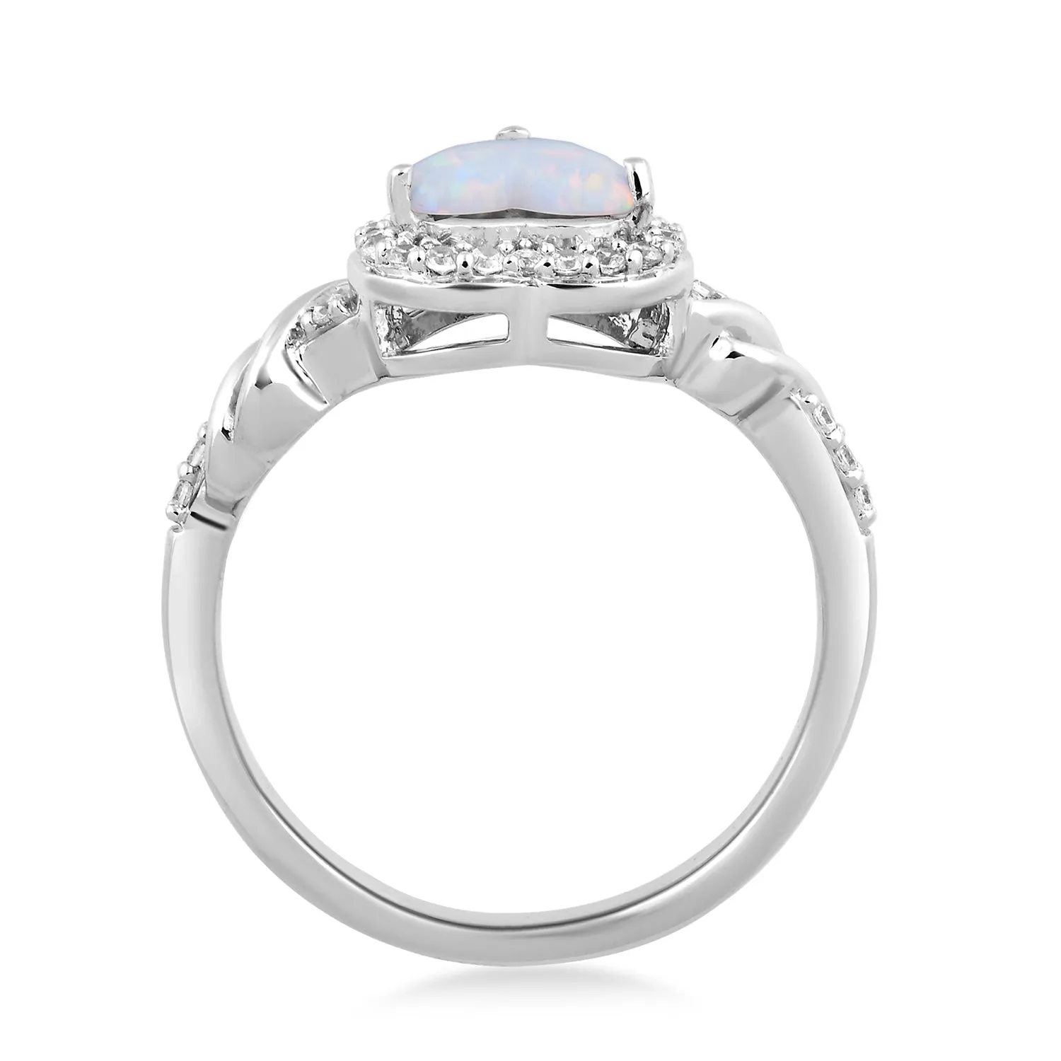 Jewelili Sterling Silver With Created Opal and Created White Sapphire Heart Promise Ring