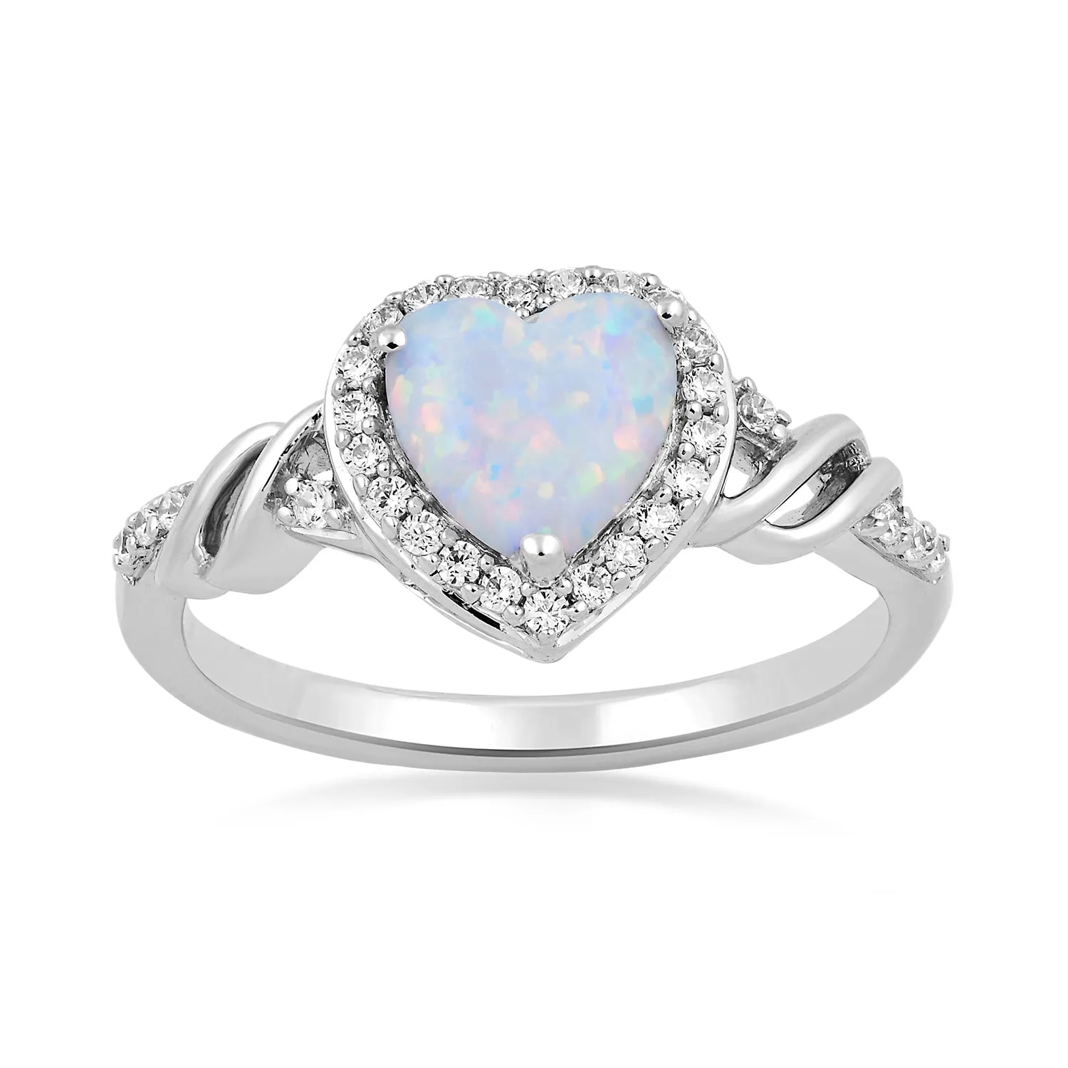 Jewelili Sterling Silver With Created Opal and Created White Sapphire Heart Promise Ring