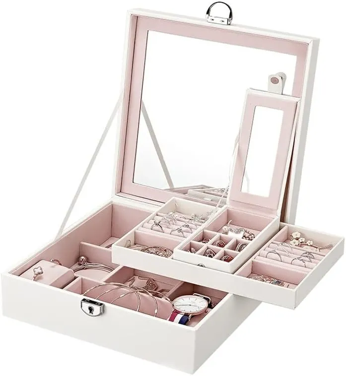 Jewelry Case Display Small Jewelry Box 2 Layer Leather Travel Jewelry Organizer Case With Mirror Portable Jewelry Storage Display For Women Girls Jewelry Organizer for Girls