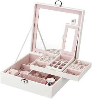 Jewelry Case Display Small Jewelry Box 2 Layer Leather Travel Jewelry Organizer Case With Mirror Portable Jewelry Storage Display For Women Girls Jewelry Organizer for Girls