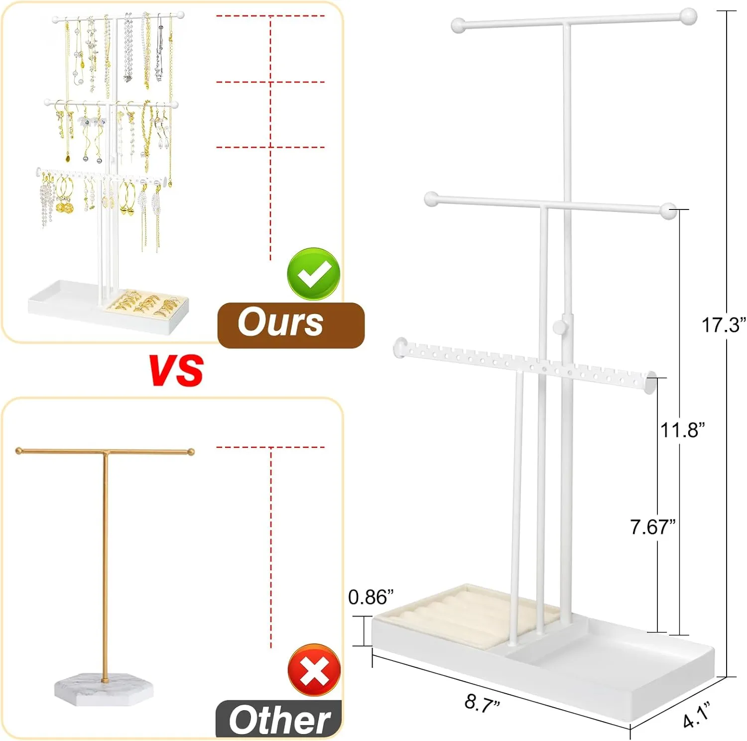 Jewelry Stand Necklace Holder, 3 Tier Necklace Organizer With Velvet Earrings Rings Tray, Adjustable Height Jewelry Organizer, Necklaces Hanging Storage Tree Display For Bracelets Bangles Watches