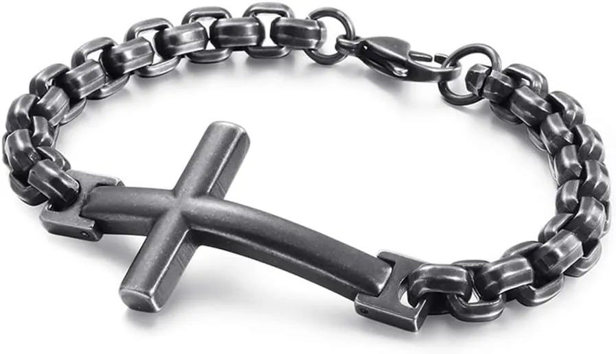 Jewelry Vintage Stainless Steel Rounded Square Pearl Box Chain Link Bracelet Mens Cross Bracelets & Bangles