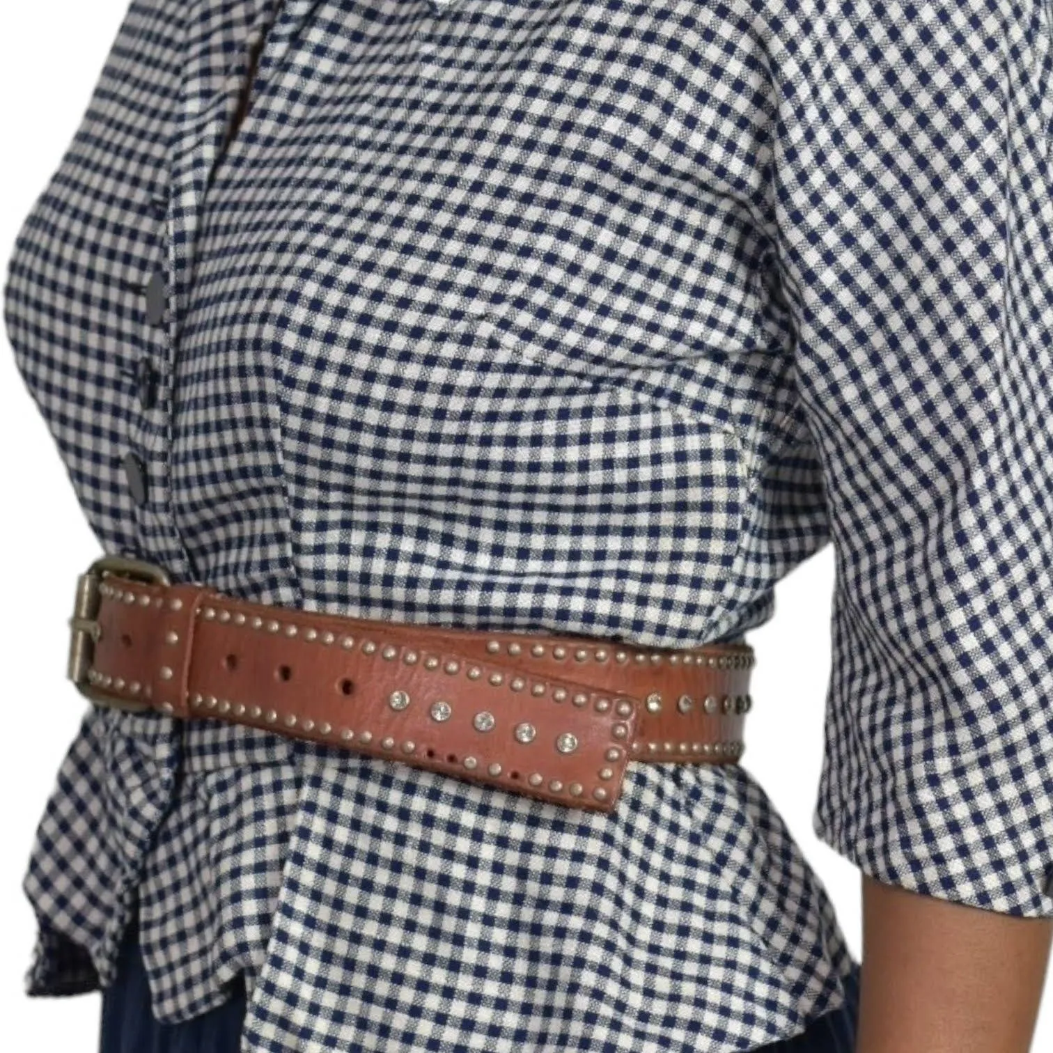 Jigsaw Brown Leather Belt Western Studs Bling Crystals Embellished Rivets Small