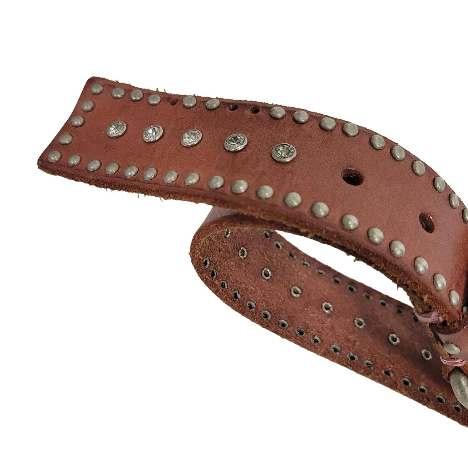 Jigsaw Brown Leather Belt Western Studs Bling Crystals Embellished Rivets Small