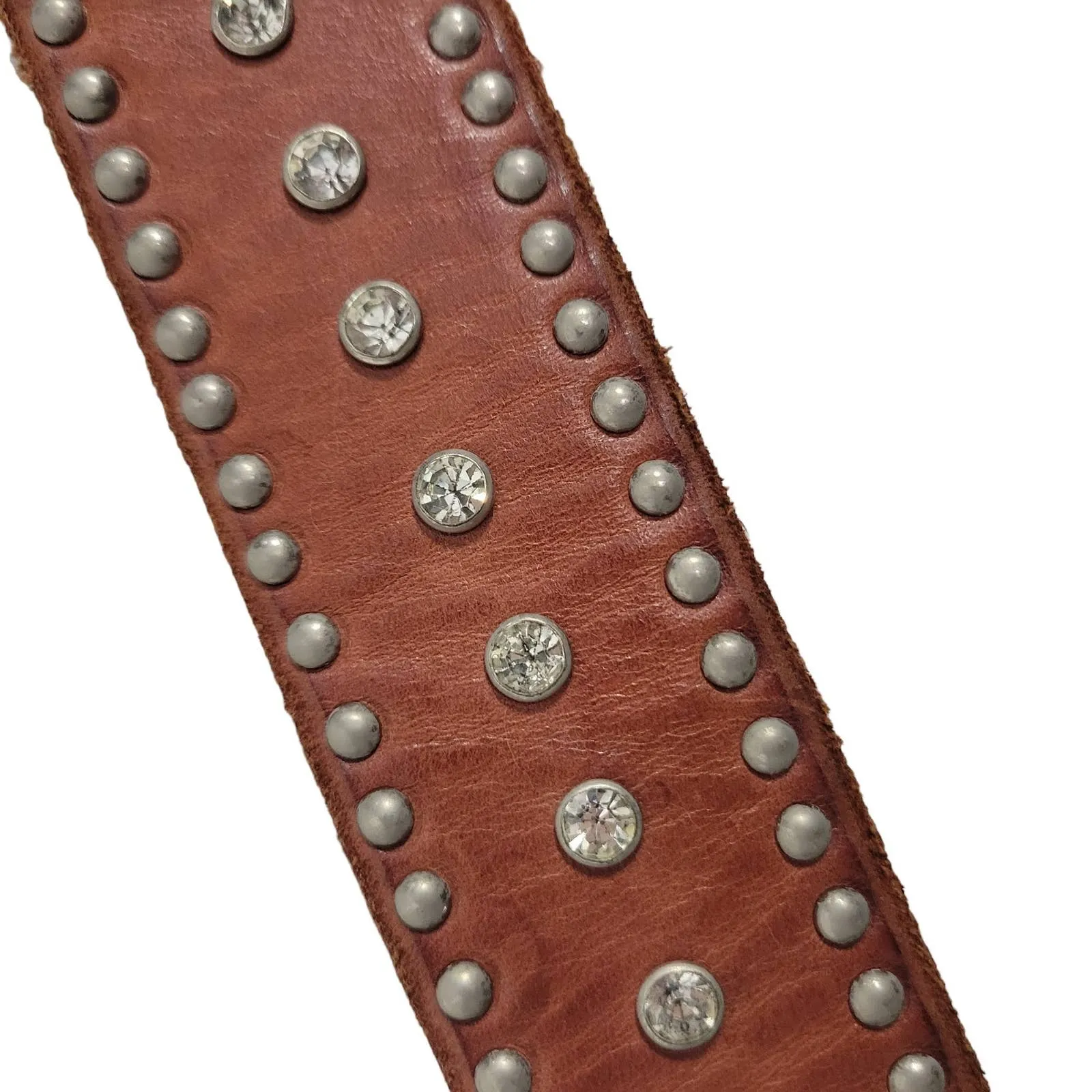 Jigsaw Brown Leather Belt Western Studs Bling Crystals Embellished Rivets Small