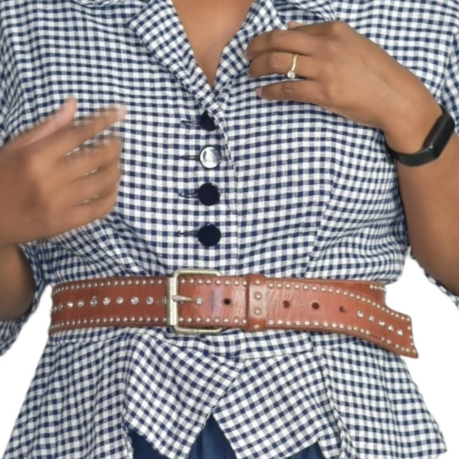 Jigsaw Brown Leather Belt Western Studs Bling Crystals Embellished Rivets Small
