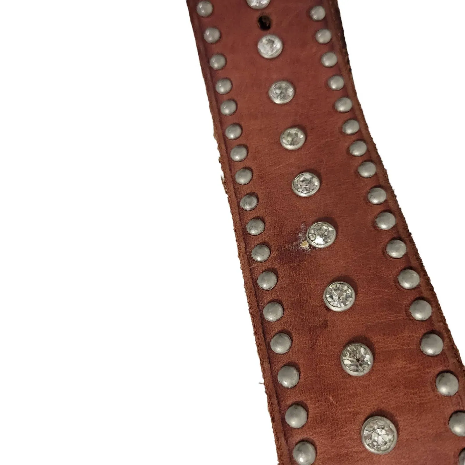 Jigsaw Brown Leather Belt Western Studs Bling Crystals Embellished Rivets Small