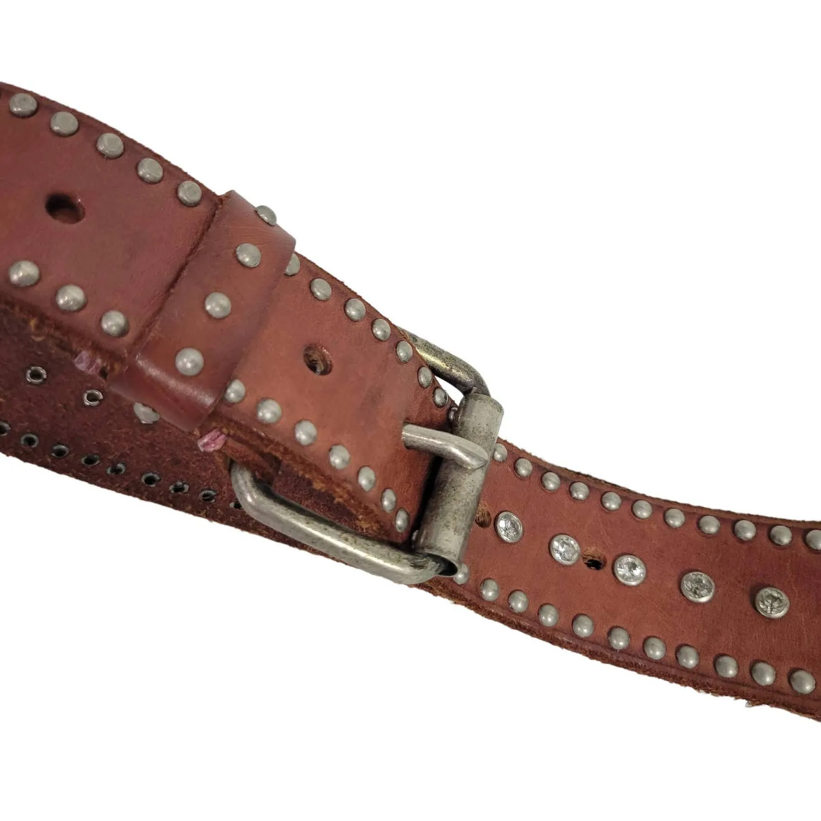 Jigsaw Brown Leather Belt Western Studs Bling Crystals Embellished Rivets Small