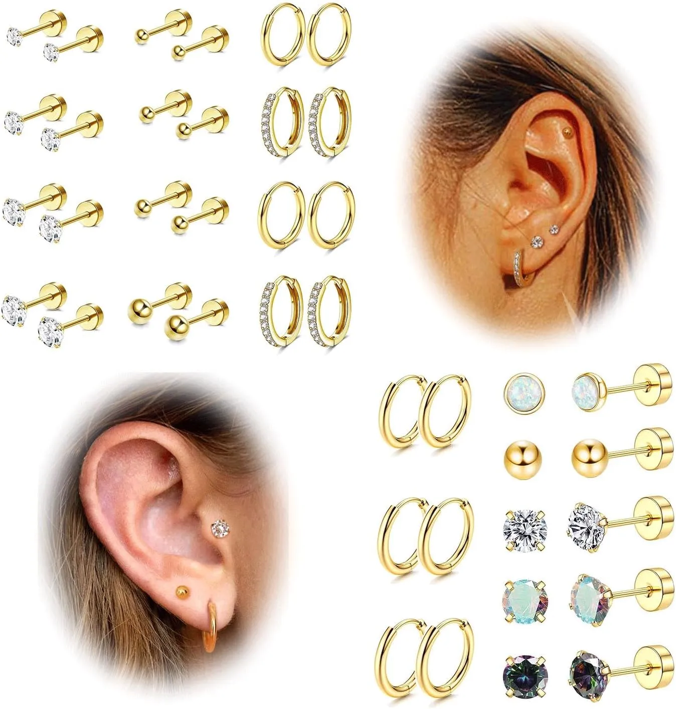 Jstyle Gold Flat Back Earrings Hypoallergenic Surgical Steel Earrings for Sensitive Ears Stud Hoop Earrings Stainless Steel Cartilage Earrings