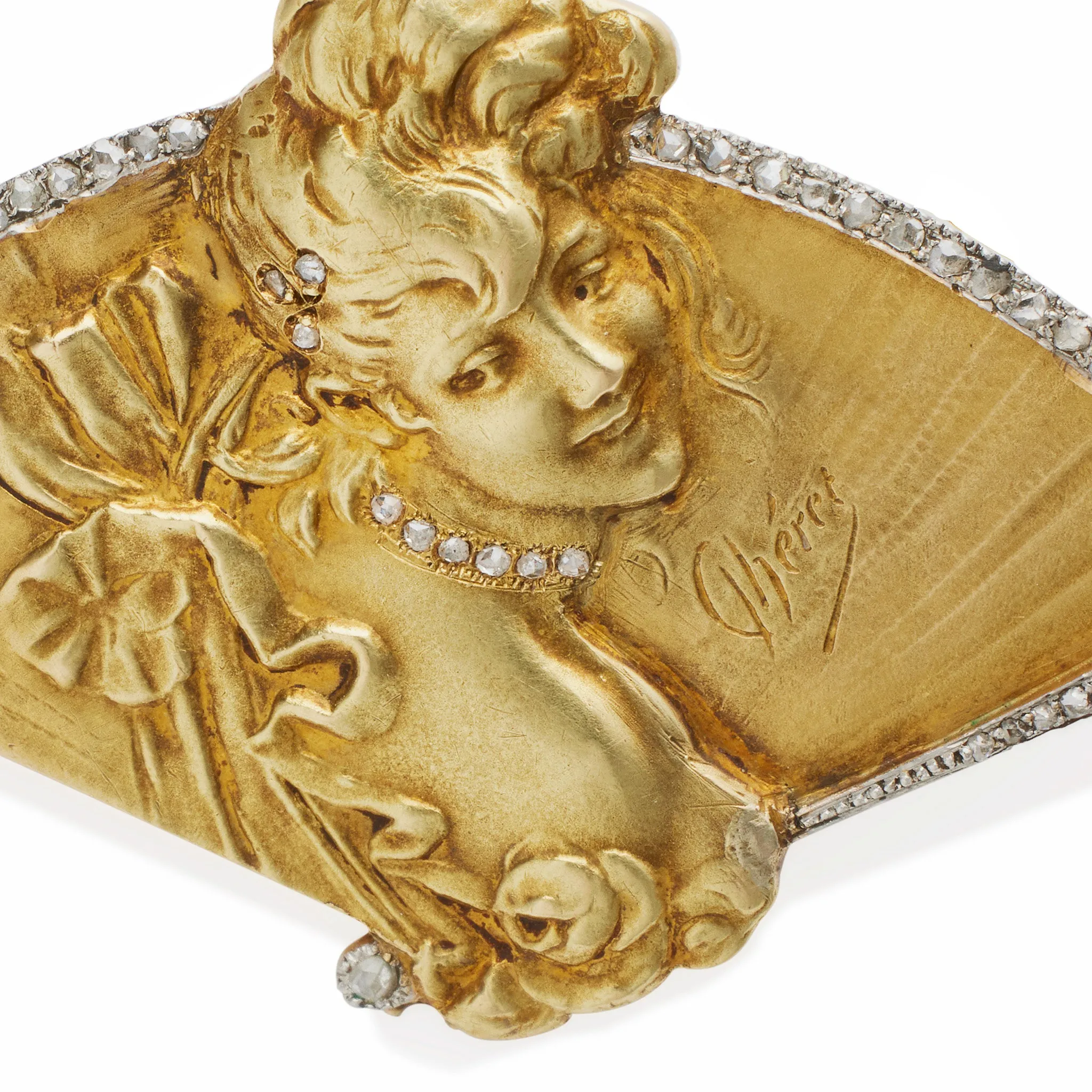 Jules Chéret Art Nouveau 18K Gold and Rose-cut Diamond Brooch