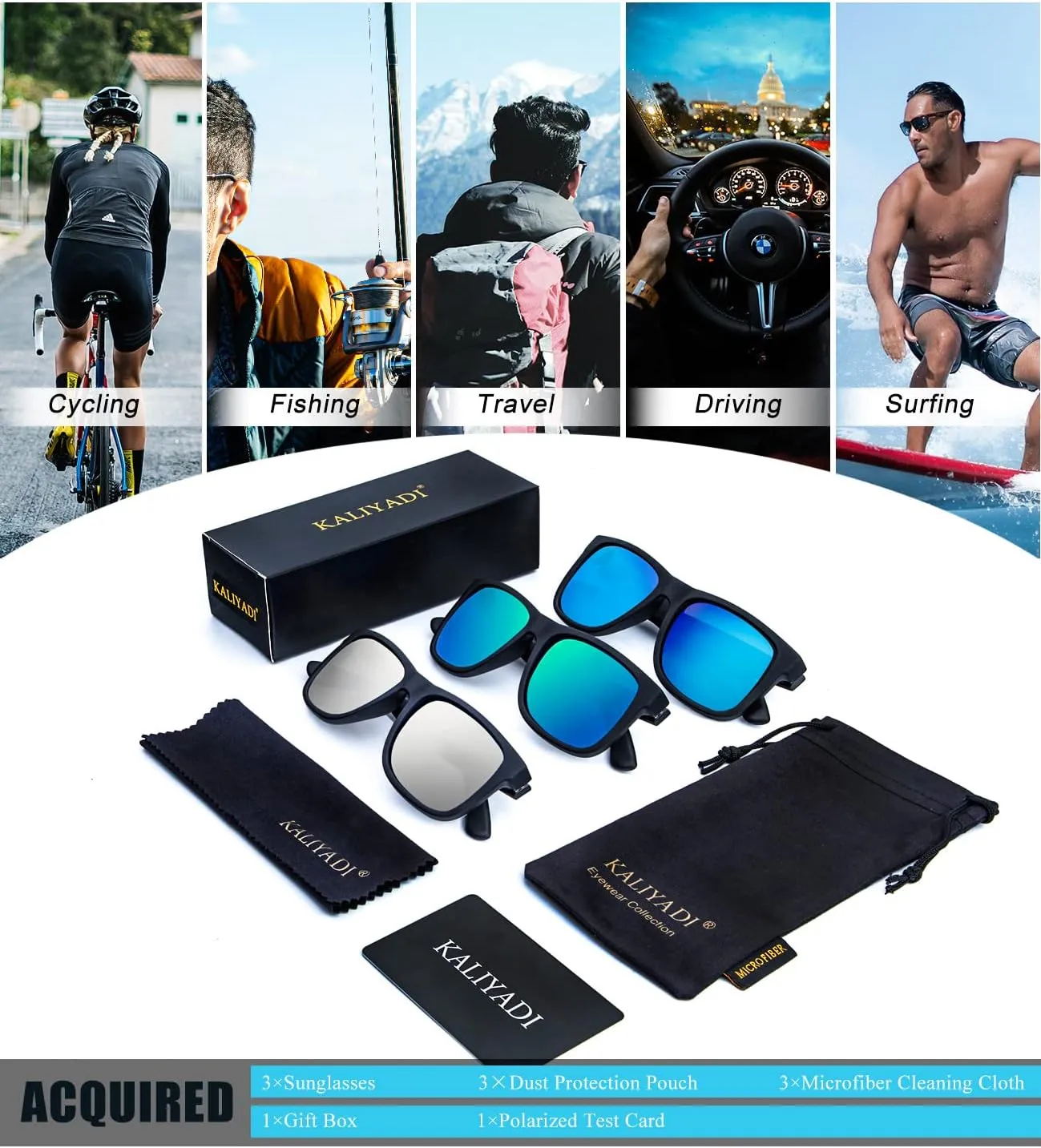 KALIYADI Sunglasses Men Polarized Sun glasses for Mens Womens Classic Matte Black Frame UV Protection 3pack
