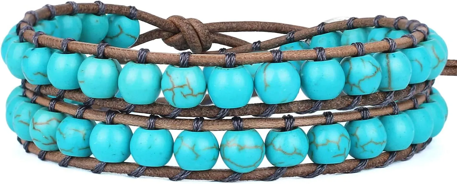 KELITCH 6mm Turquoise Beads 2 Wrap Bracelets Natural Crystal Stone Beaded Bracelet Women Agate Leather Bracelets Bangles