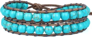KELITCH 6mm Turquoise Beads 2 Wrap Bracelets Natural Crystal Stone Beaded Bracelet Women Agate Leather Bracelets Bangles
