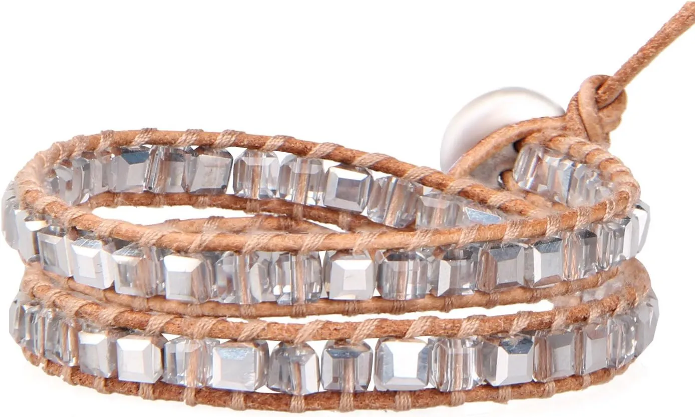 KELITCH 6mm Turquoise Beads 2 Wrap Bracelets Natural Crystal Stone Beaded Bracelet Women Agate Leather Bracelets Bangles