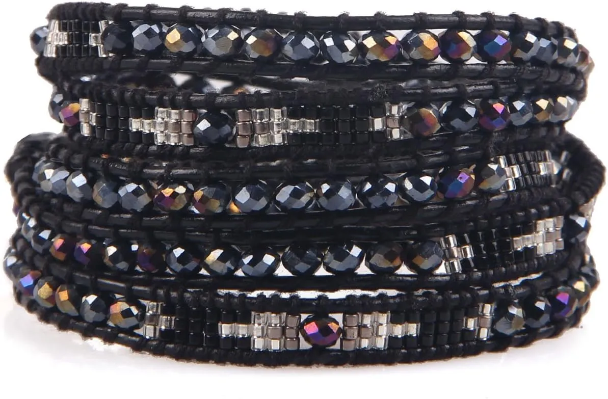KELITCH Women Crystal Agate Mixed 5 Wrap Bracelet Handmade Miyuki Beads Leather Bracelets Bangles