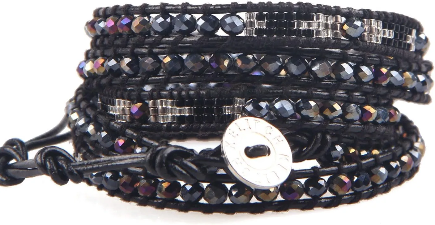 KELITCH Women Crystal Agate Mixed 5 Wrap Bracelet Handmade Miyuki Beads Leather Bracelets Bangles