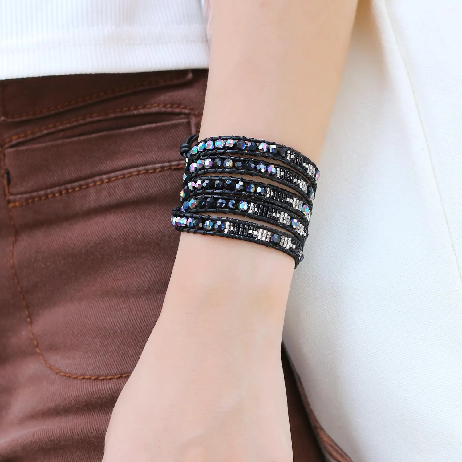 KELITCH Women Crystal Agate Mixed 5 Wrap Bracelet Handmade Miyuki Beads Leather Bracelets Bangles
