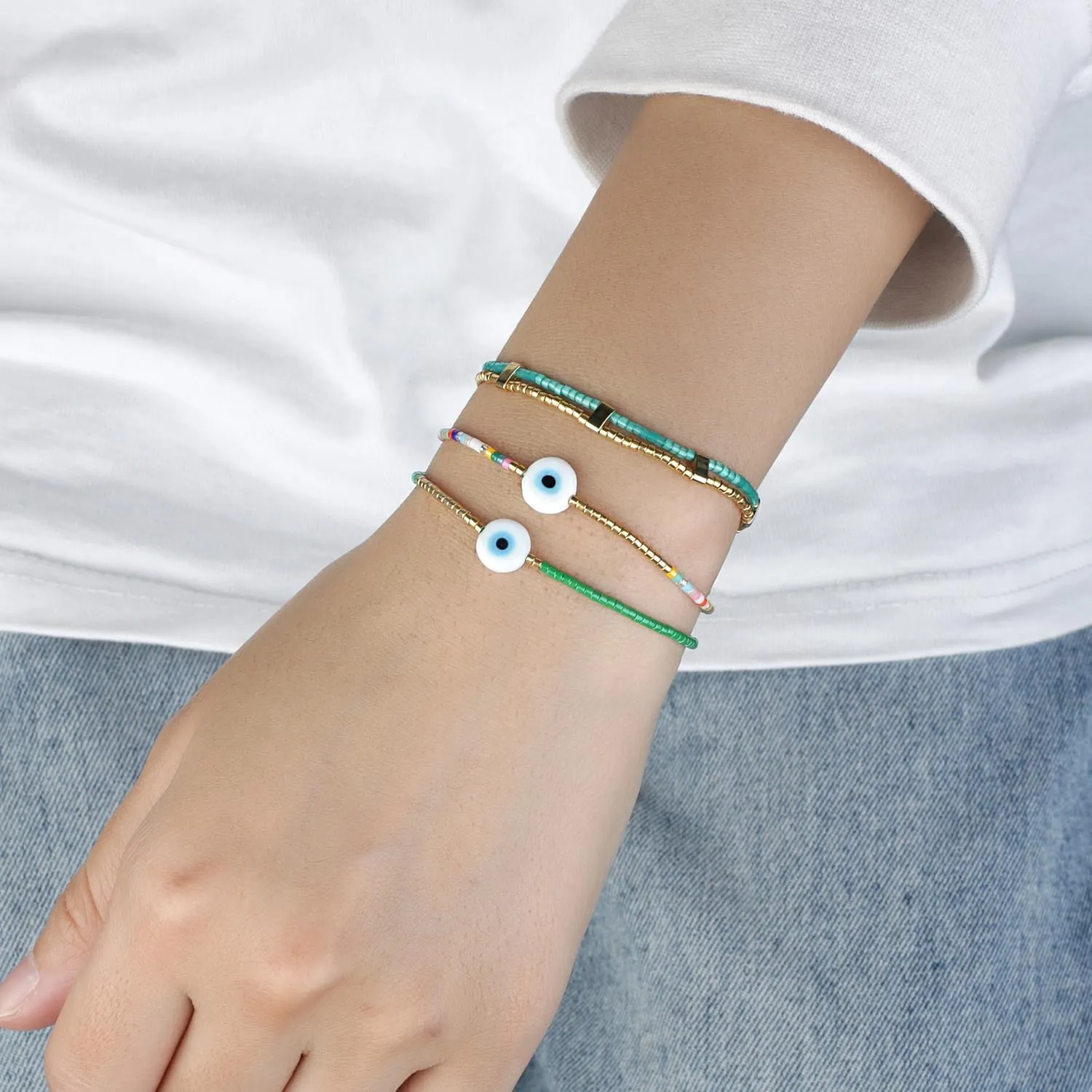 KELITCH Women Link Bracelets Miyuki Seed Beads Handmade Strand Bracelets Bangles Rainbow Boho Friendship Jewelry