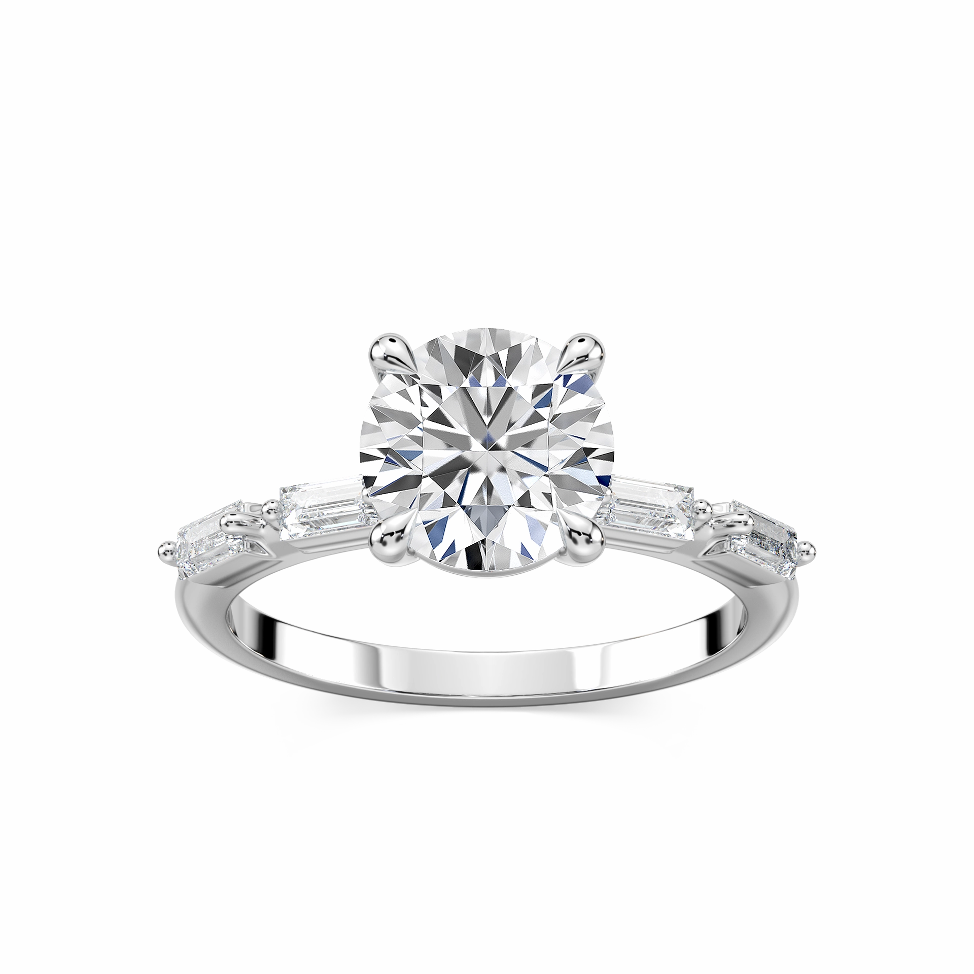 Trendy Gift Kira Round Lab Grown Diamond Spaced Baguette Side Stone Engagement Ring