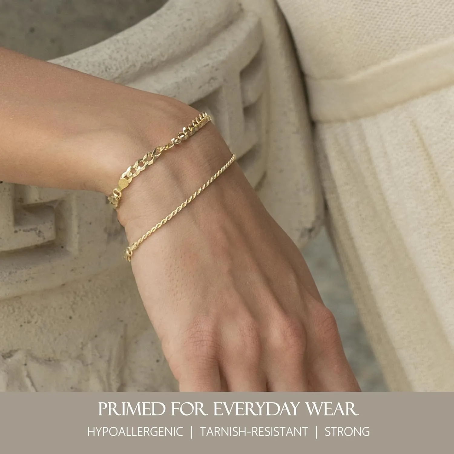 KISPER 18K Gold Plated 925 Sterling Silver Chain Bracelets for Women, Waterproof Tarnish Resistant, Curb/Rope/Figaro/Mariner Link Bracelet, 6.5, 7, 8, 9 Inch