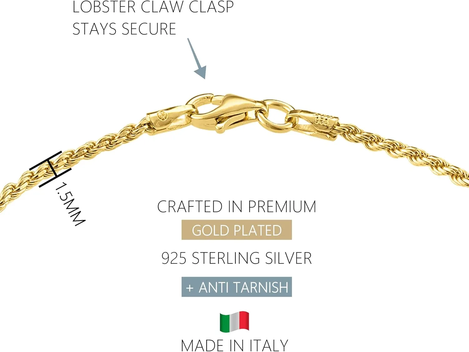 KISPER 18K Gold Plated 925 Sterling Silver Chain Bracelets for Women, Waterproof Tarnish Resistant, Curb/Rope/Figaro/Mariner Link Bracelet, 6.5, 7, 8, 9 Inch