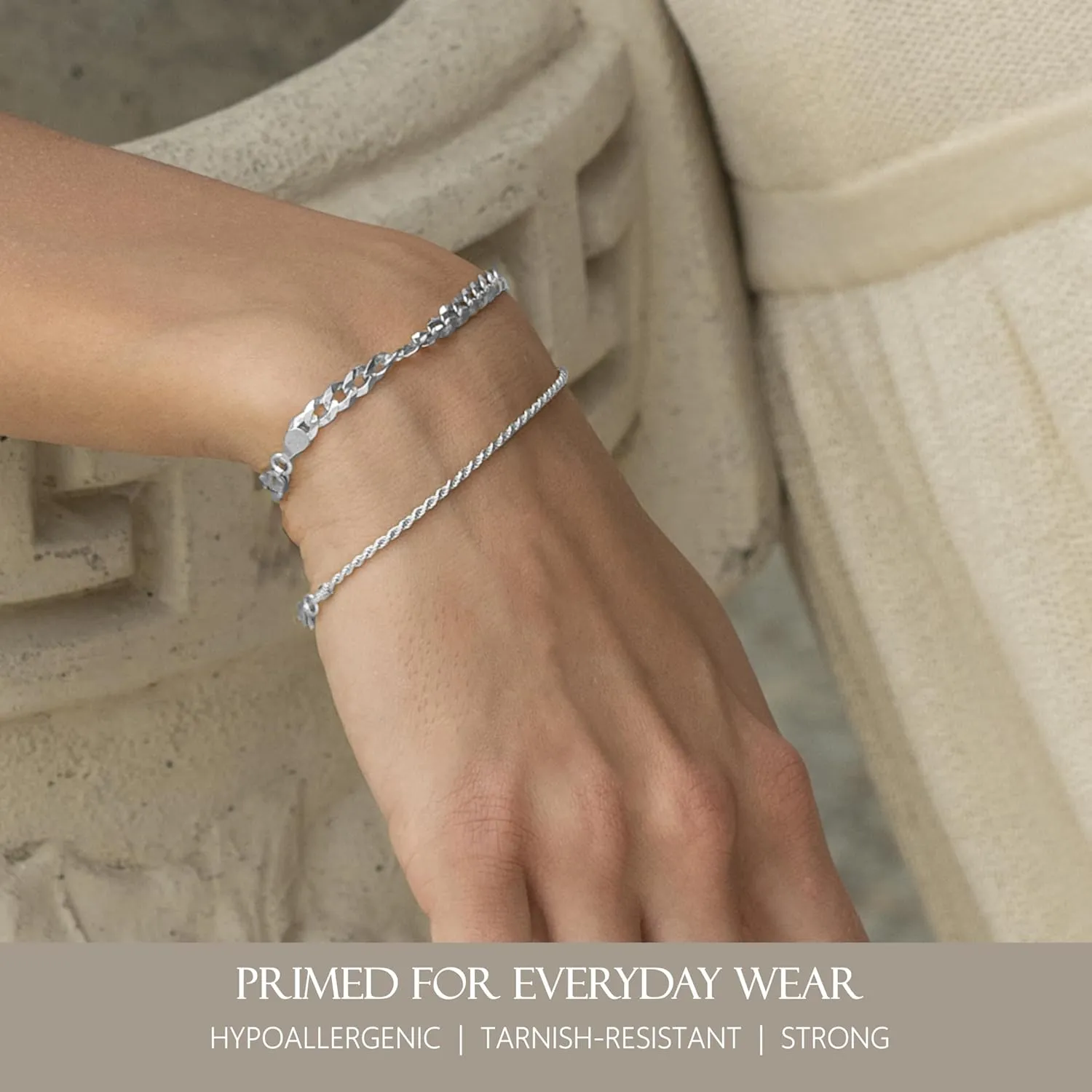 KISPER Solid 925 Sterling Silver Chain Bracelets for Women, Waterproof Tarnish Resistant, Curb/Rope/Figaro/Mariner Link Bracelet, 6.5, 7, 8, 9 Inch