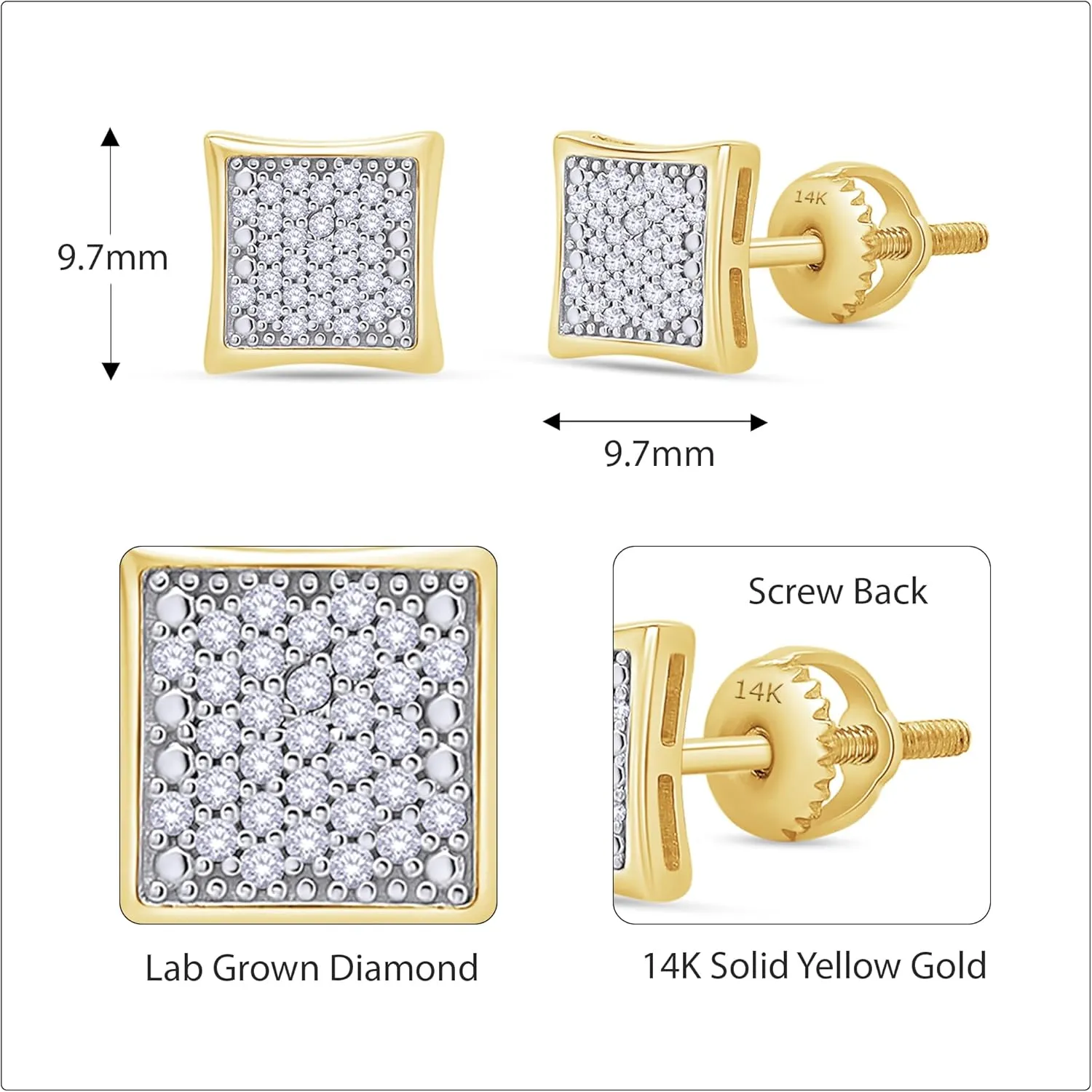 Kite Shape Cluster Stud Earrings for Men 3/8 Cttw Round Lab Grown Diamond Ear Studs with Screw Backs in 14K Solid Gold Jewelry Gift for Him
