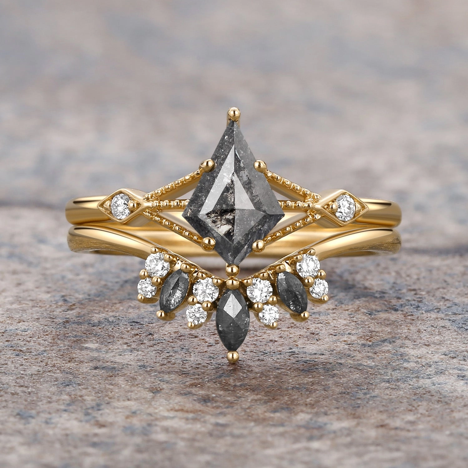 Glam Vibe Lux Appeal Kite & Marquise Salt and Pepper Diamonds Black Engagement Ring Set 2pcs