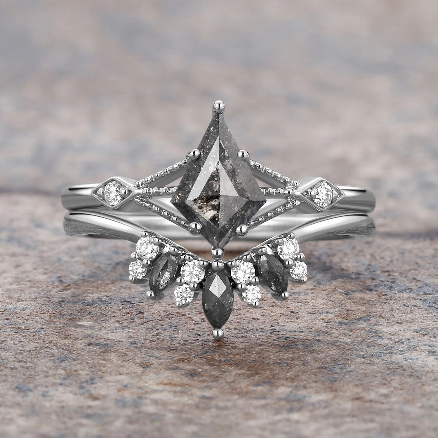 Distinctive Touch Pieces Glamorous Craft Kite & Marquise Salt and Pepper Diamonds Black Engagement Ring Set 2pcs