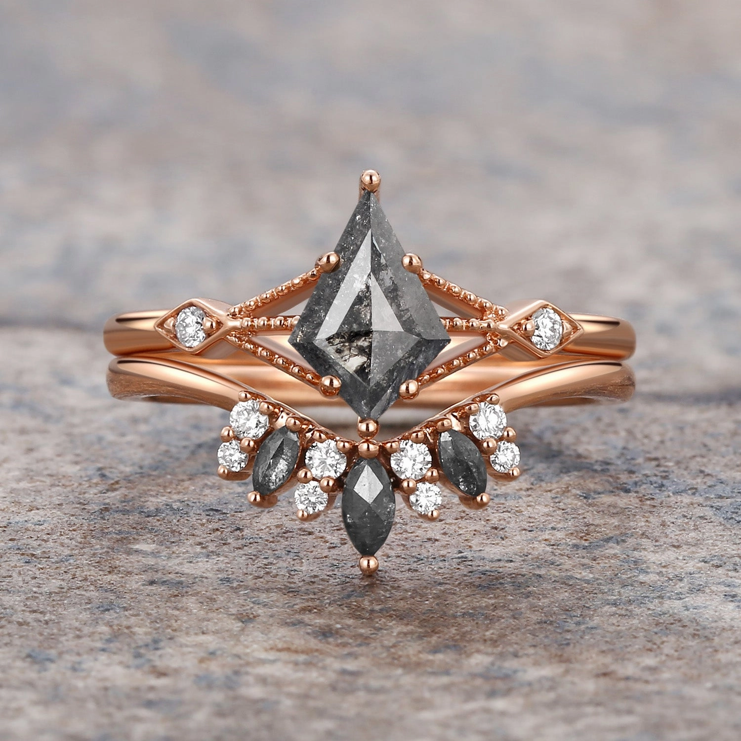 Kite & Marquise Salt and Pepper Diamonds Black Engagement Ring Set 2pcs Artisan Jewelry Statement Feature