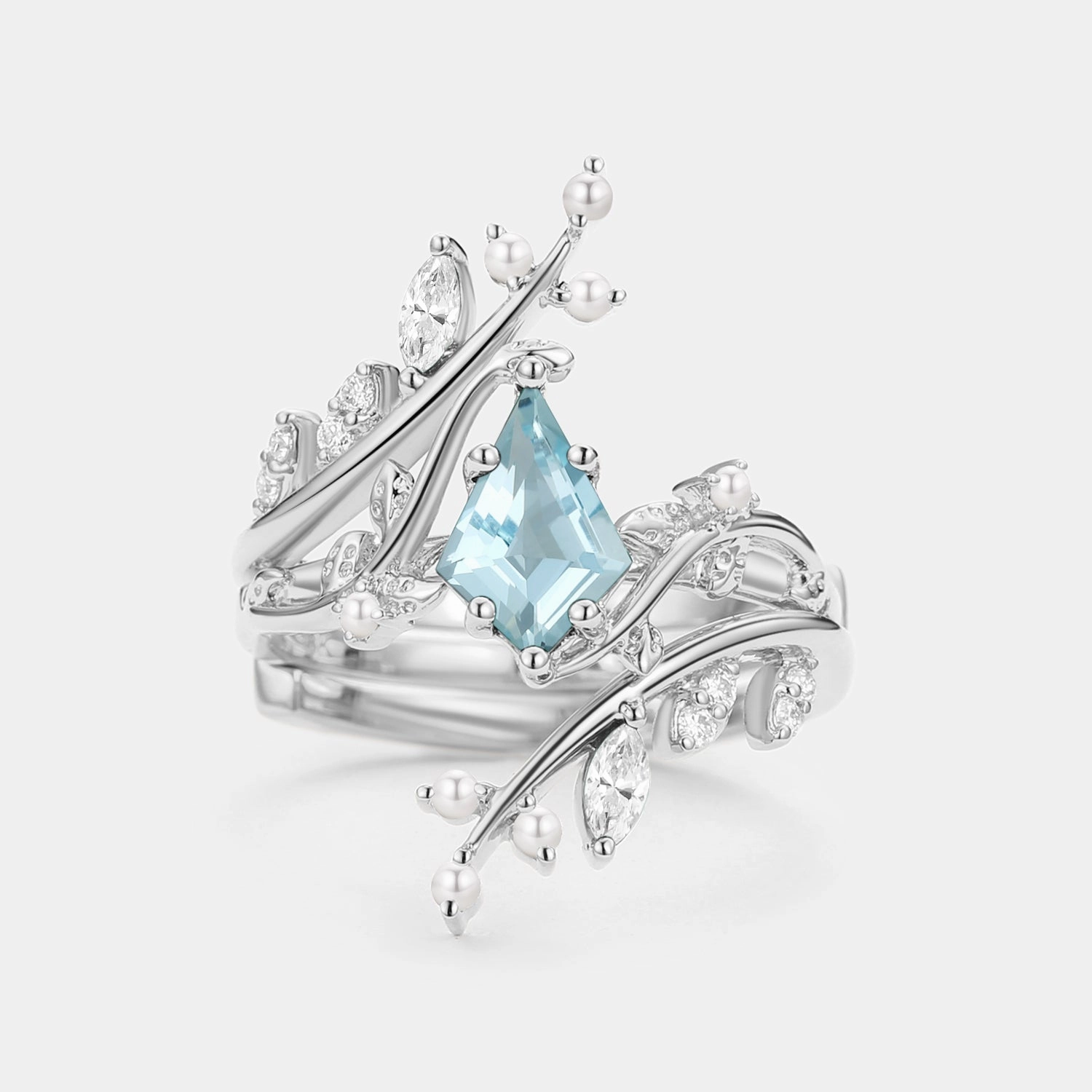 Instant Shine Shiny Accent Kite Cut Aquamarine Cage Leafy Engagement Ring Sets 2pcs - Knight