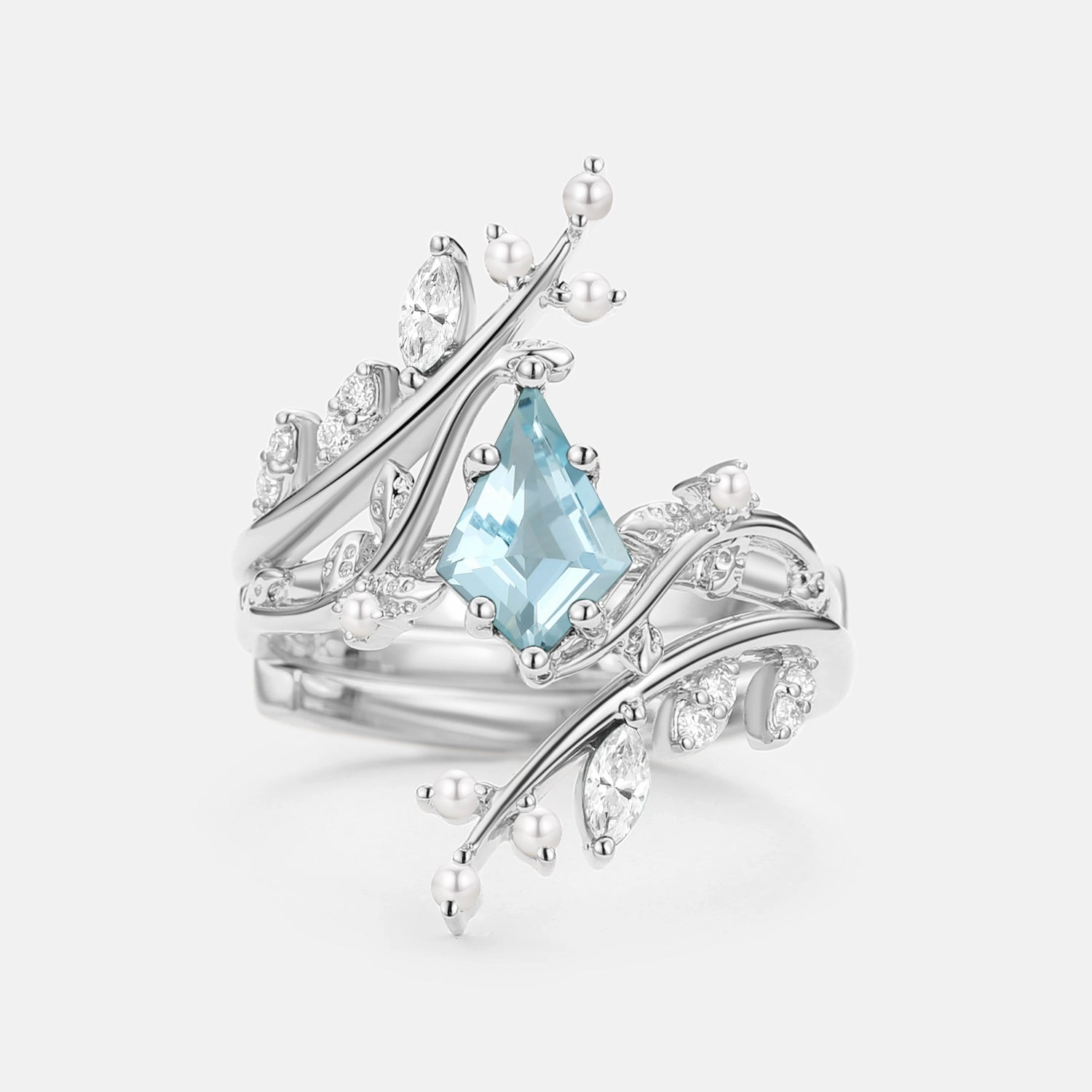 Work Outfit Kite Cut Aquamarine Cage Leafy Engagement Ring Sets 2pcs - Knight