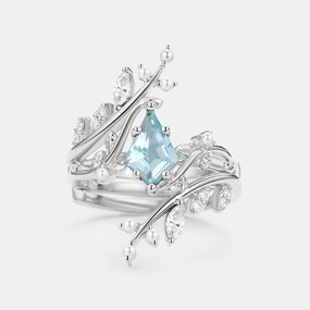 Kite Cut Aquamarine Cage Leafy Engagement Ring Sets 2pcs - Knight Pastel Mood