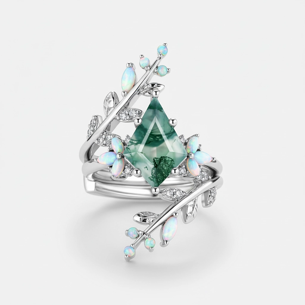 Timeless Highlight Luxury Ready Kite Cut Black Gold Moss Agate & Opal Cage Leafy Engagement Ring 2pcs - Knight