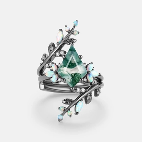 Kite Cut Black Gold Moss Agate & Opal Cage Leafy Engagement Ring 2pcs - Knight Shimmer Light