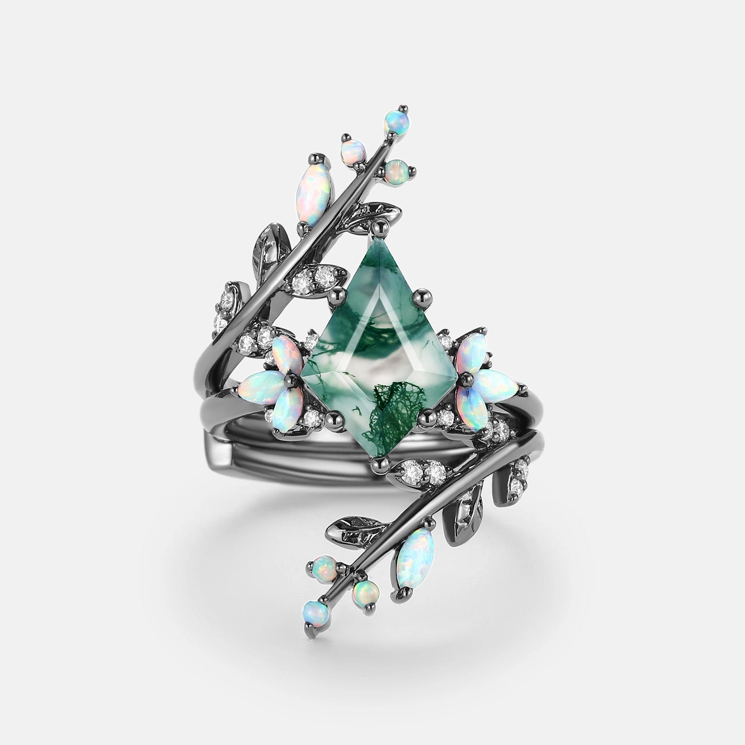 Kite Cut Black Gold Moss Agate & Opal Cage Leafy Engagement Ring 2pcs - Knight Shimmer Light