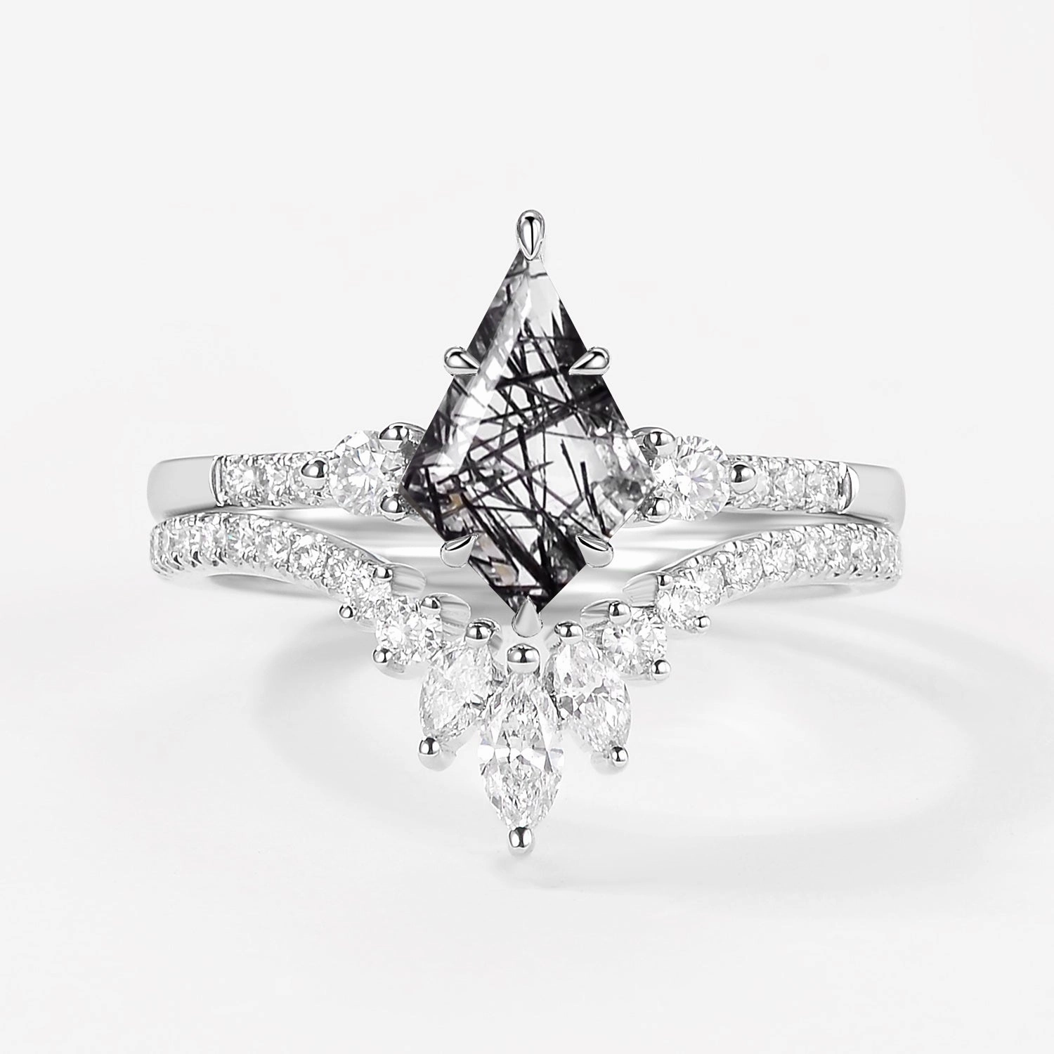 Kite Cut Black Rutilated Quartz Bridal Ring Set 2pcs Premium Charm