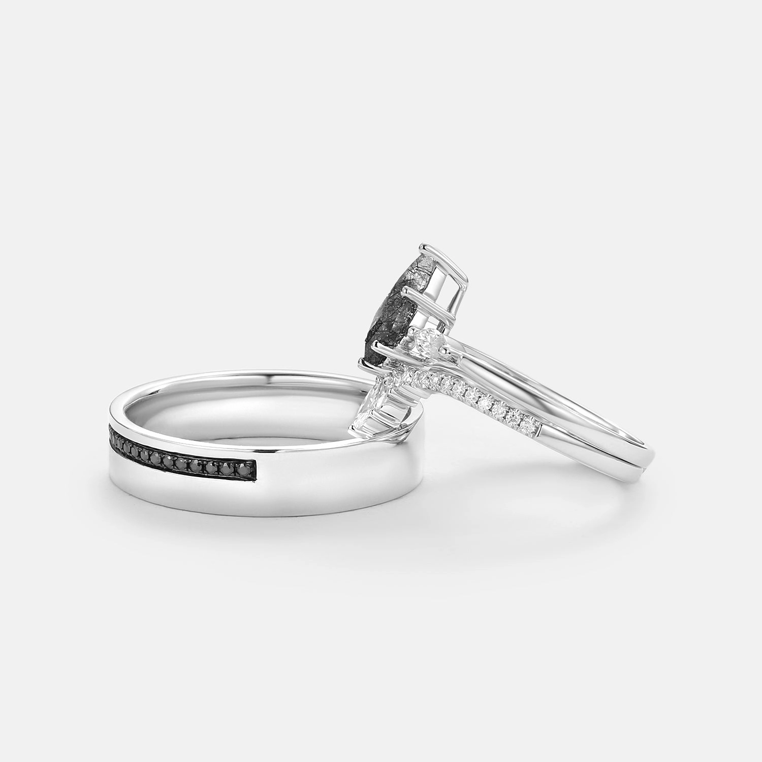 Artful Sparkle Kite Cut Black Rutilated Quartz Couple Ring Set 3pcs - Jream