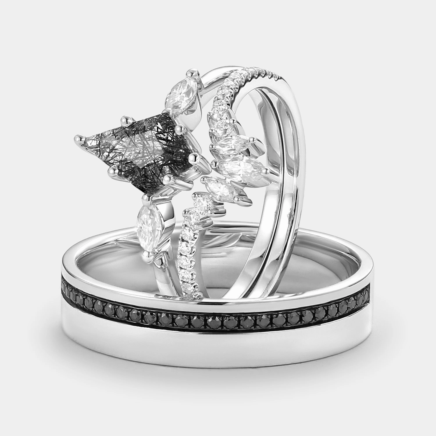 Style Match Kite Cut Black Rutilated Quartz Couple Ring Set 3pcs - Jream