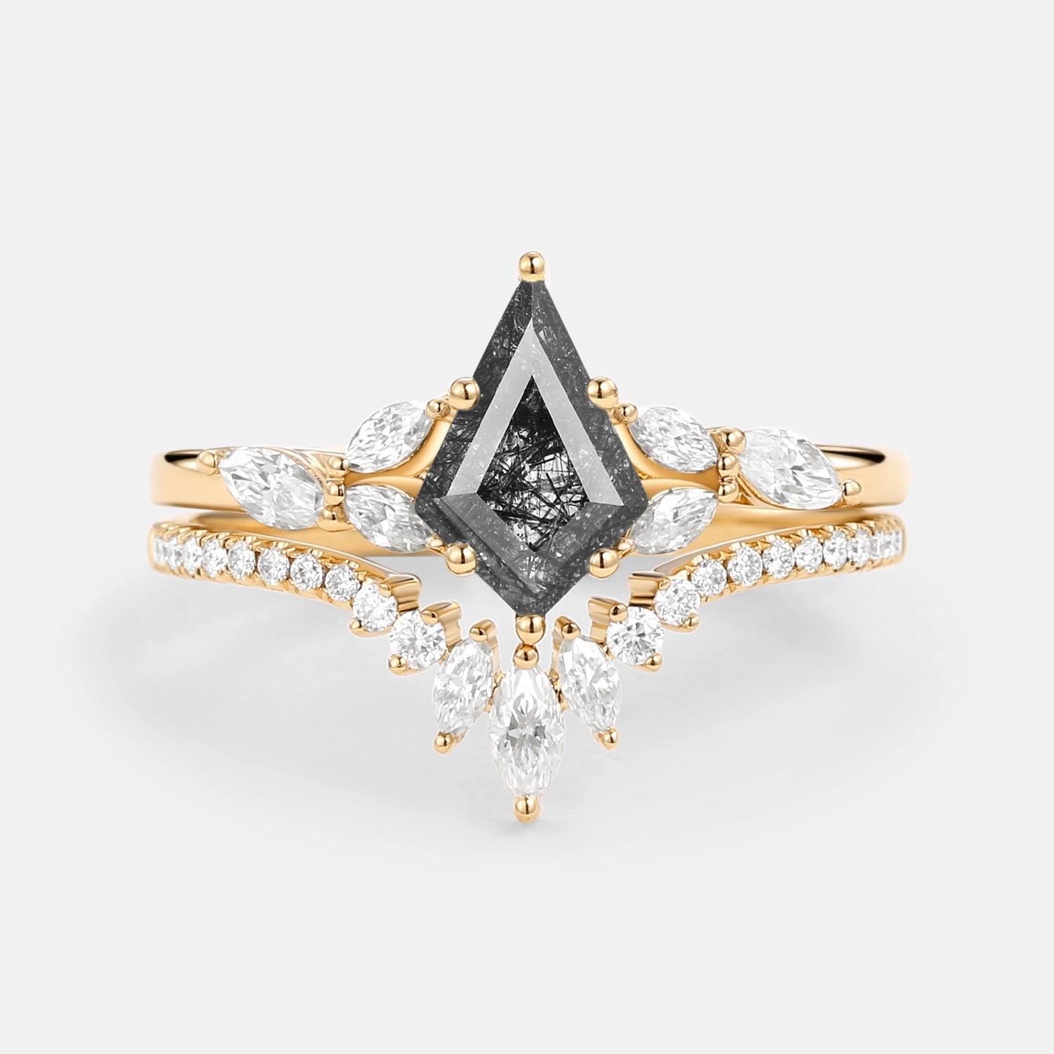 Kite Cut Black Rutilated Quartz Engagement Ring Set 2pcs - July Soft feature Elegant Creations