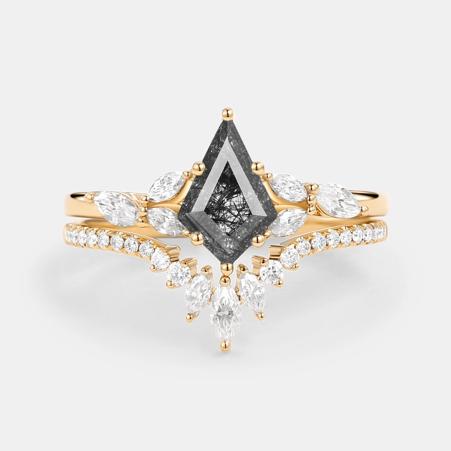 Kite Cut Black Rutilated Quartz Engagement Ring Set 2pcs - July Muted Finish