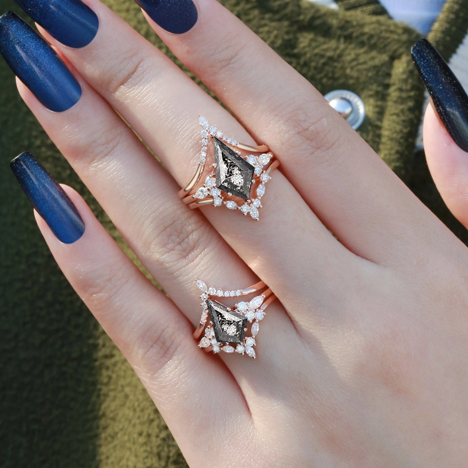 Elegant Pairing Kite Cut Black Rutilated Quartz Engagement Ring Set 3pcs