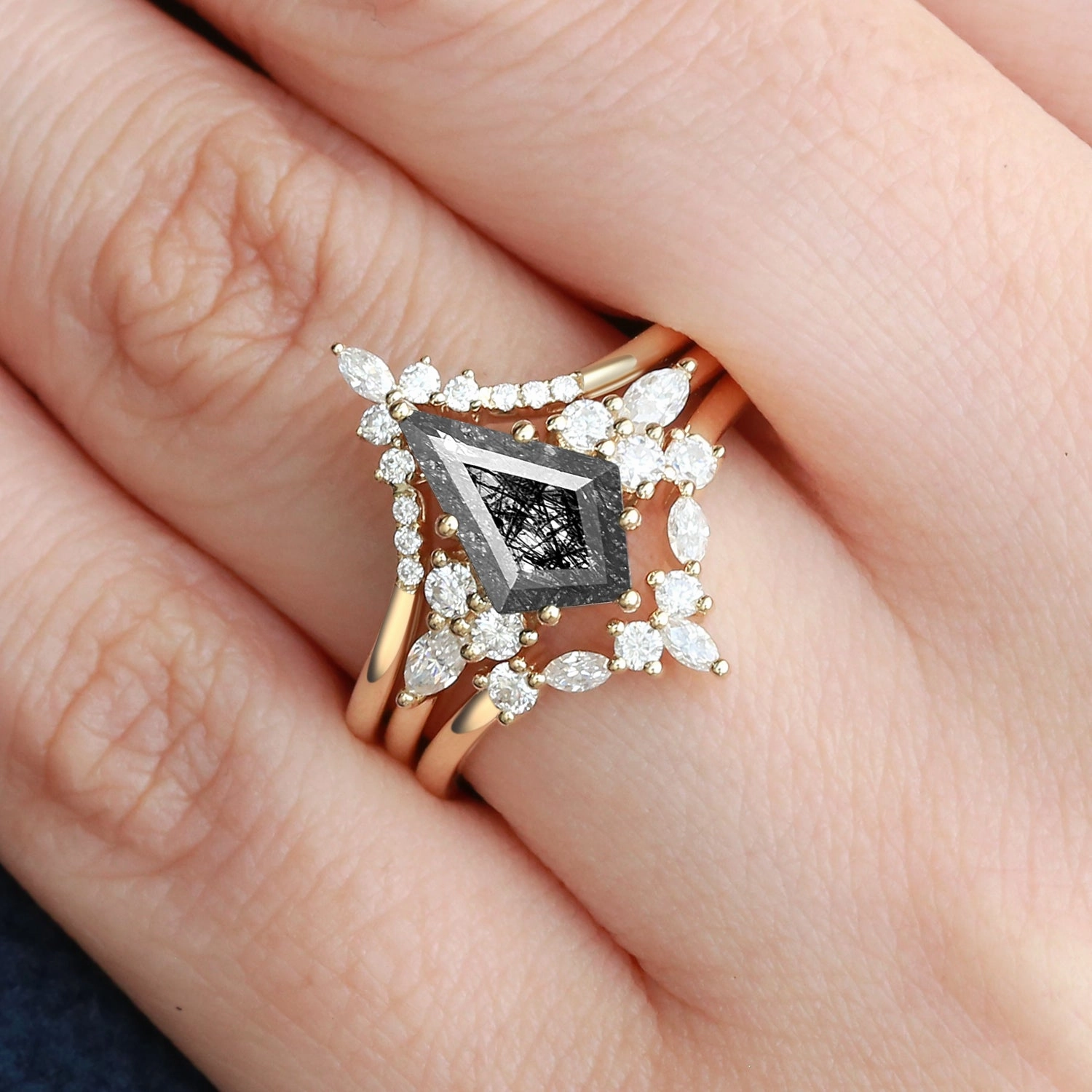 Travel Style Autumn Style Kite Cut Black Rutilated Quartz Engagement Ring Set 3pcs