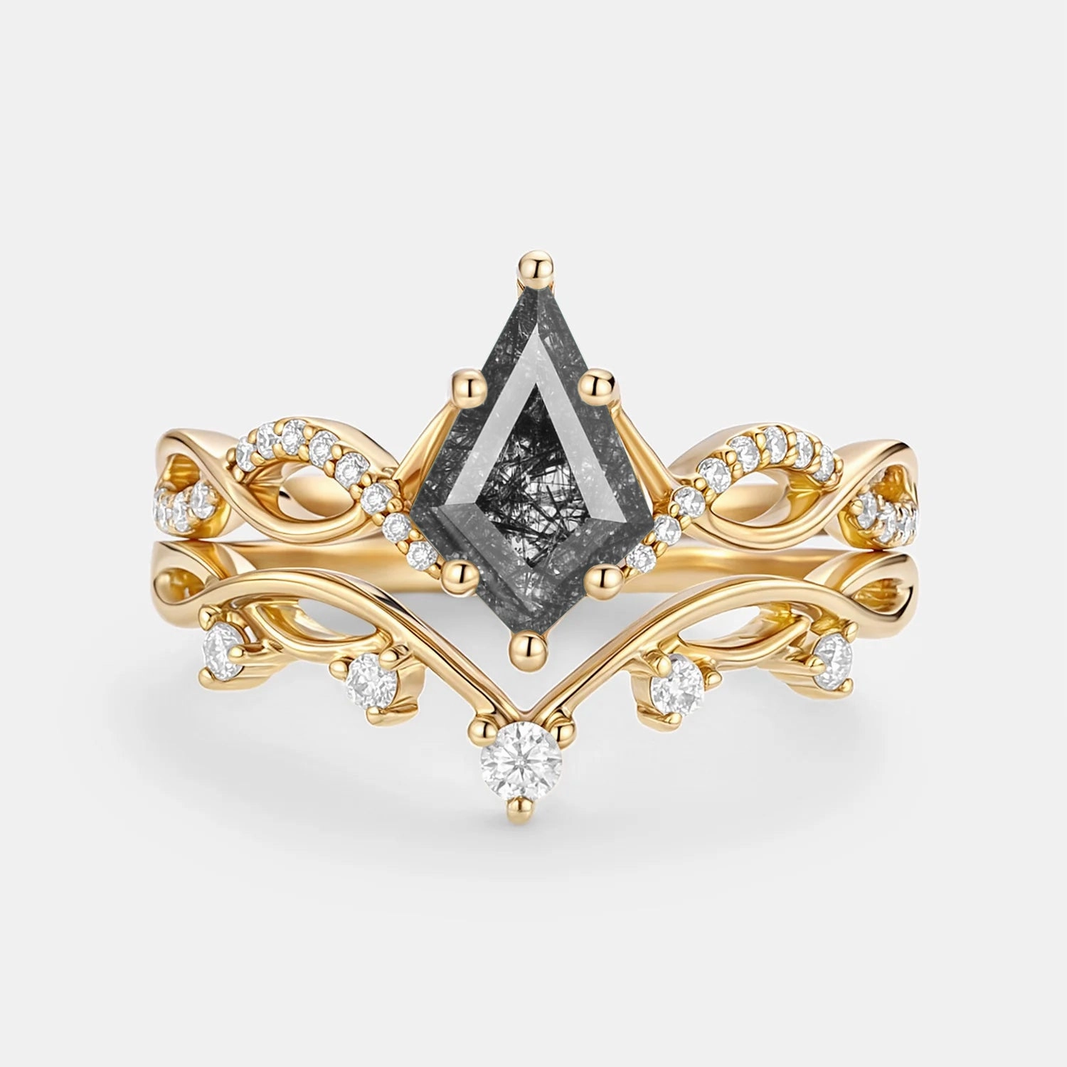 Smooth Fit Kite Cut Black Rutilated Quartz Engagement Ring Sets 2pcs - Phyllon