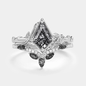 Delicate Fit Kite Cut Black Rutilated Quartz Leafy Engagement Ring Sets 2pcs - Lark