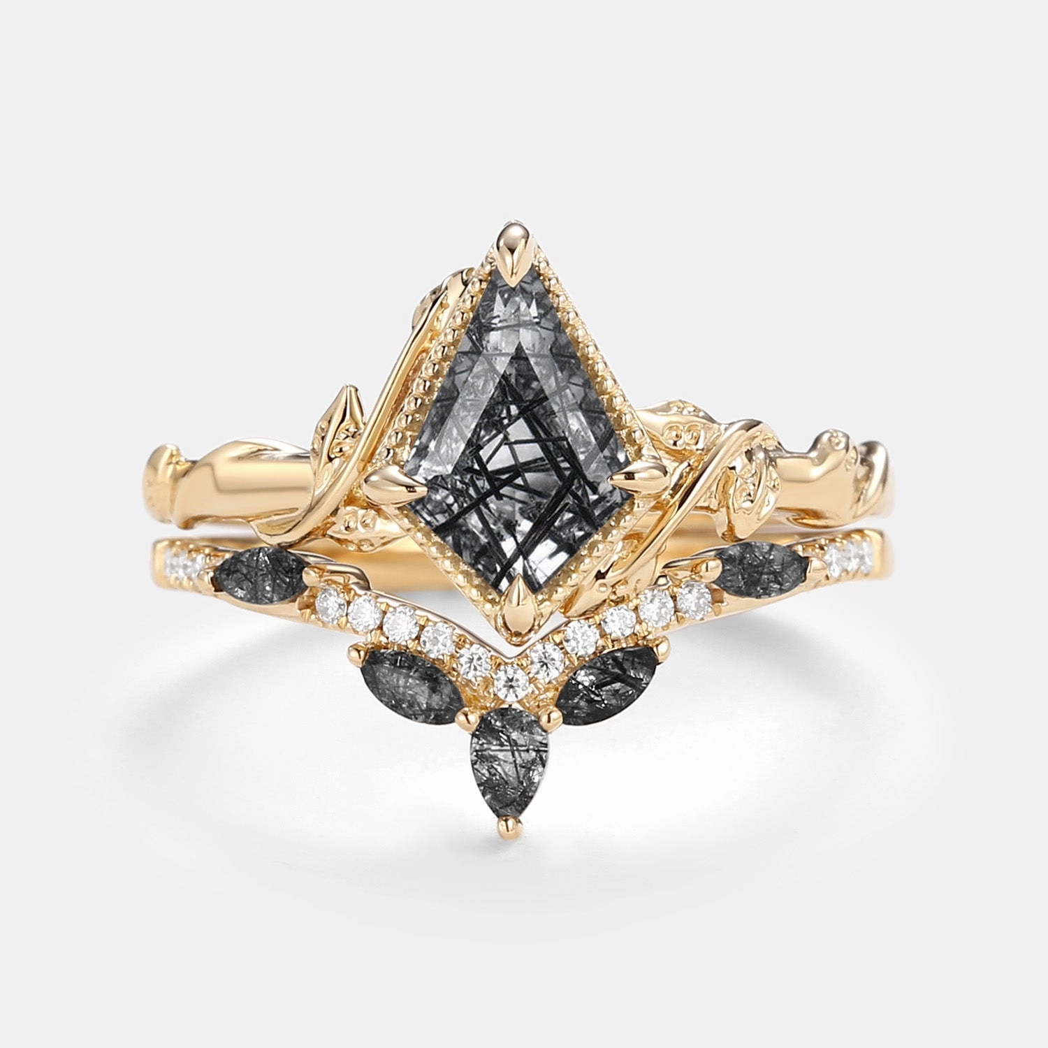 Kite Cut Black Rutilated Quartz Leafy Engagement Ring Sets 2pcs - Lark Vibrant Jewelry Shine